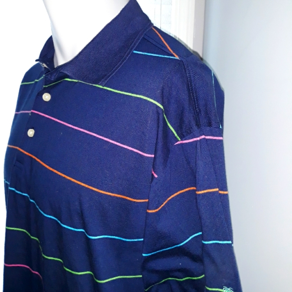 Palm Beach mens orange, green and pink striped cotton golf shirt. Large
